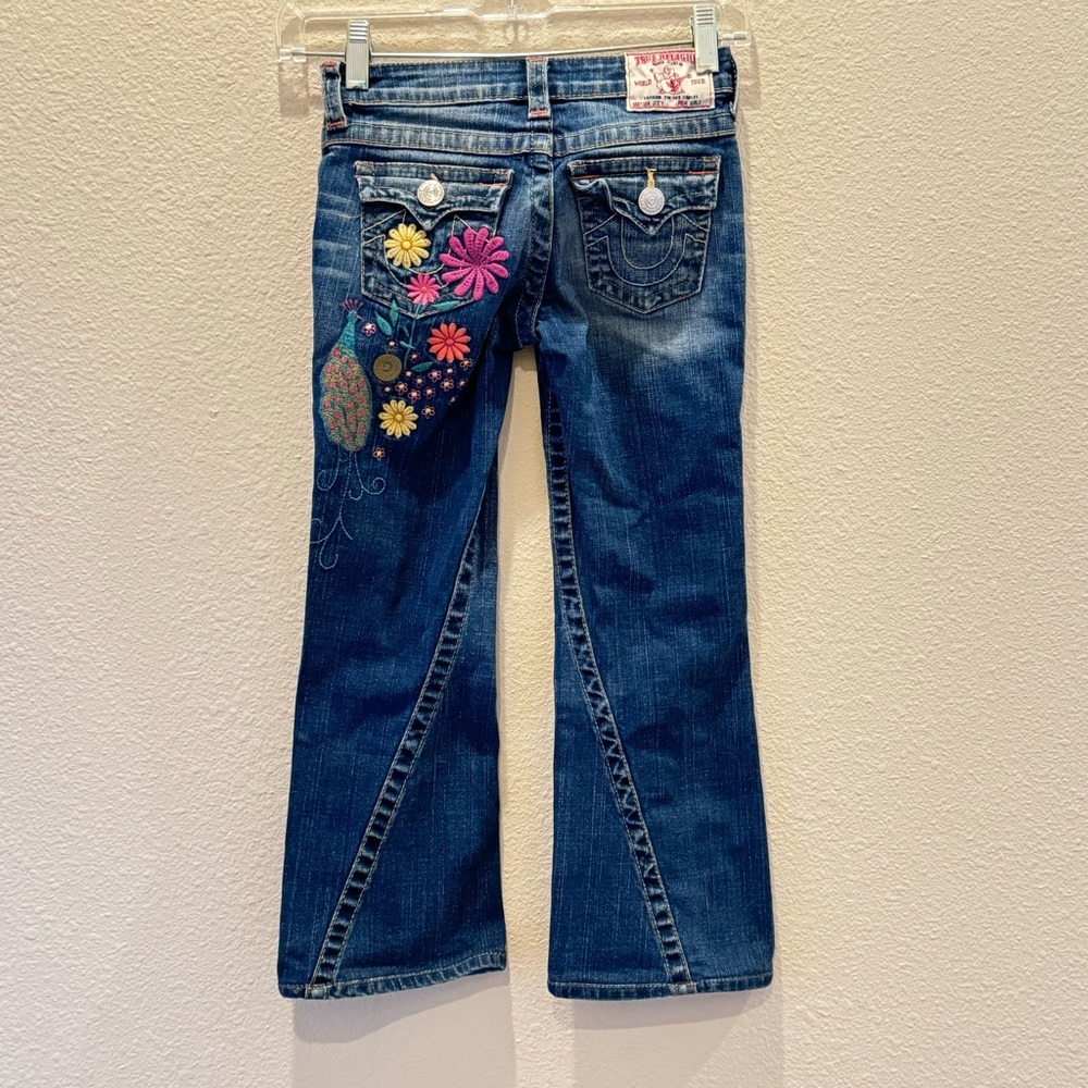 True religion size 7 girls Joey peacock floral flower denim jeans embroidered